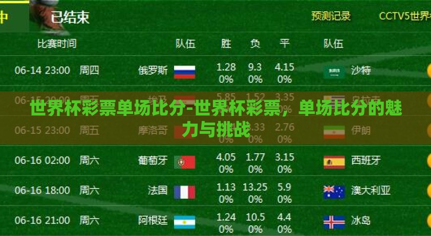 世界杯彩票单场比分-世界杯彩票，单场比分的魅力与挑战